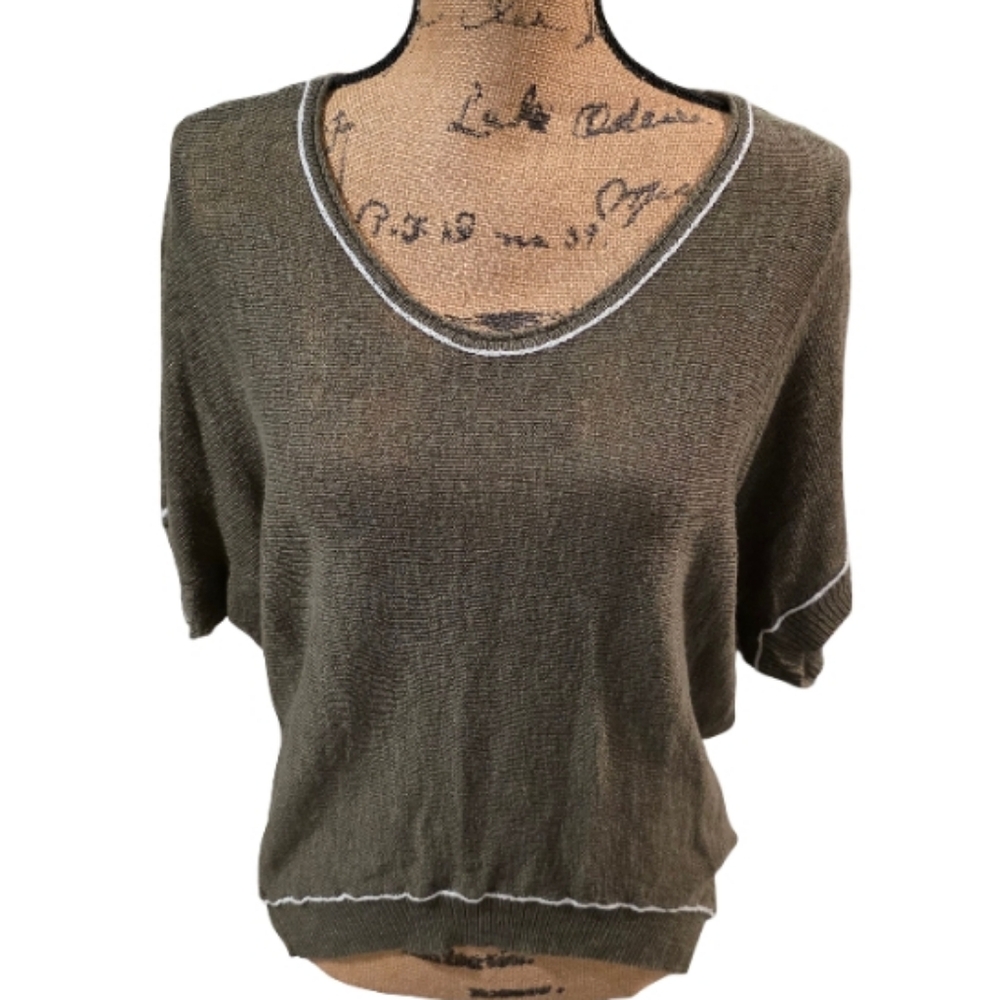Michael Stars Olive Green Dolman Sleeve Knit Sweater V-Neck‎ White Trim Size S